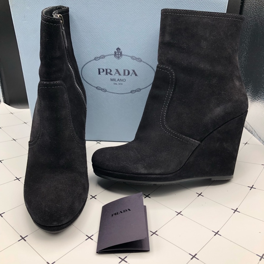 🖤 Prada Black Suede Wedge Ankle Boots (Size 8). Like New! - Picture 3 of 10